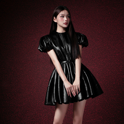 越南小众RAFFINE 2023年冬季新款甜酷风皮质压褶泡泡袖公主裙