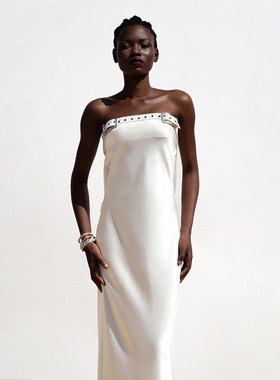 越南小众品牌DATT 2024年春夏新款高级法式珍珠白搭扣抹胸长裙