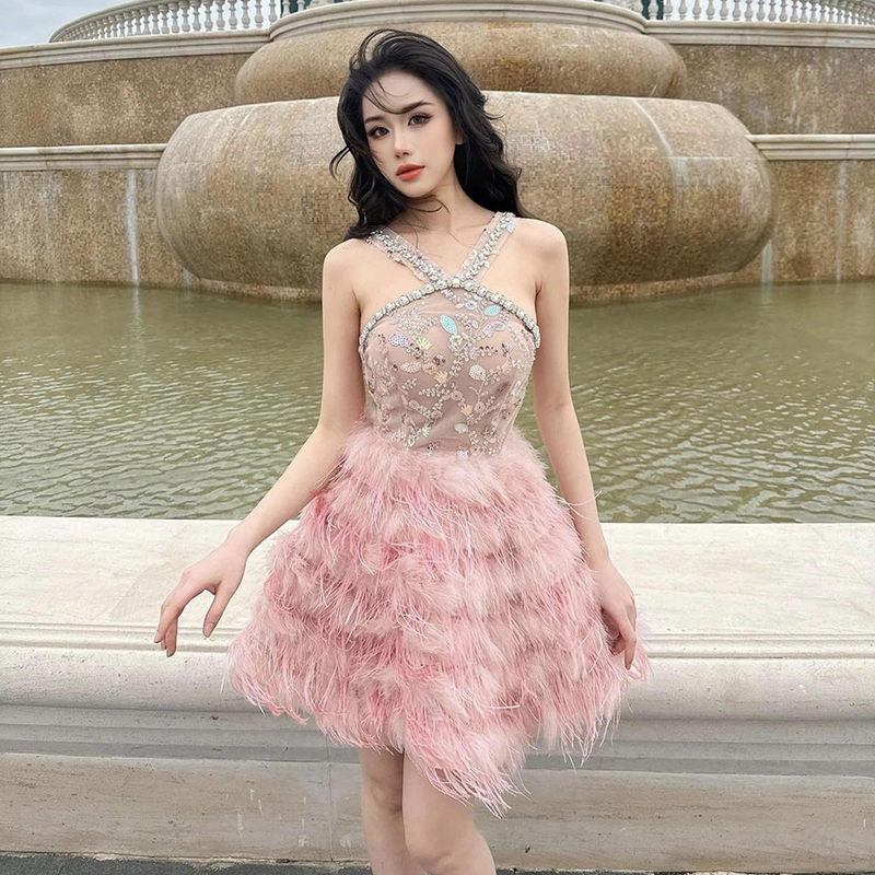 越南小众QTRAN 2024年新春新款豪门千金粉色珍珠羽毛重工连衣裙