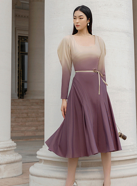 越南小众MUSTHAVE 2021冬季新款紫色渐变气质高腰韩版长袖连衣裙