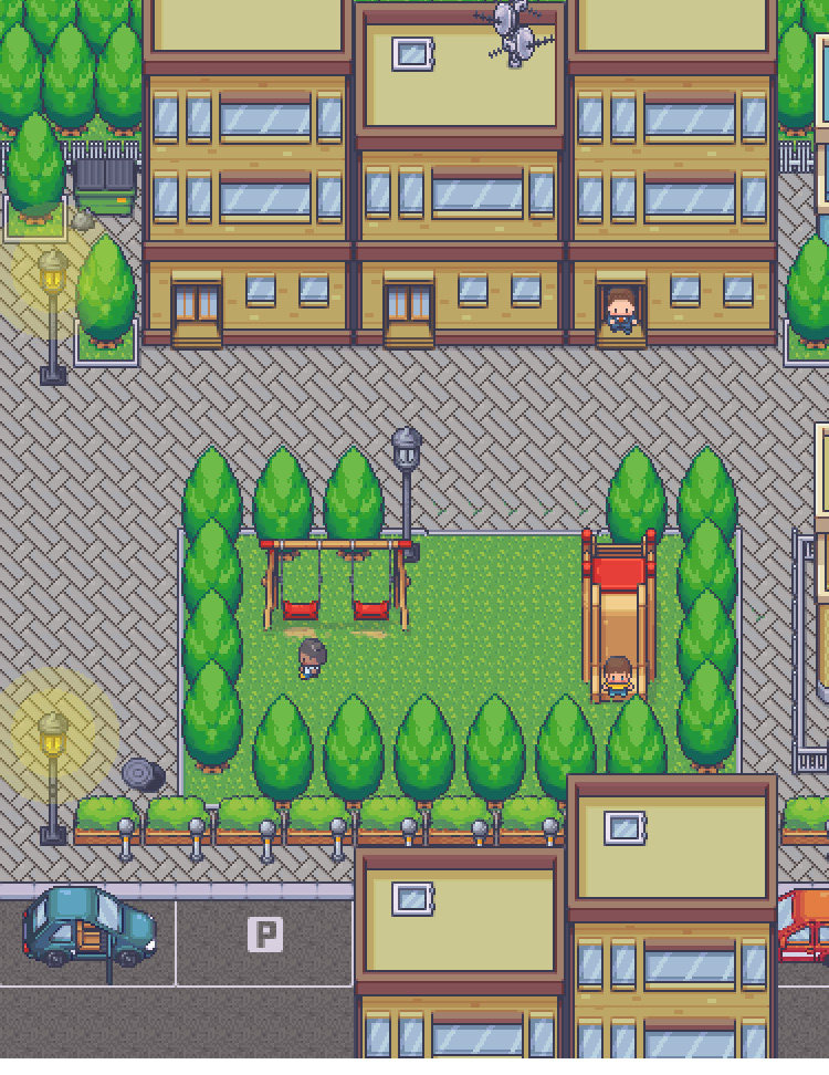 现代像素风格游戏地图素材城市街道汽车复古RPGMV MZ拼接图块资源