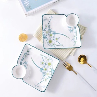 水仙花饺子盘2个家用陶瓷釉下彩带醋碟分割薯条专用盘2025新款高