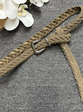 老钱风头层牛皮反绒皮编织腰带女真皮铜扣细腰带质感休闲裤带