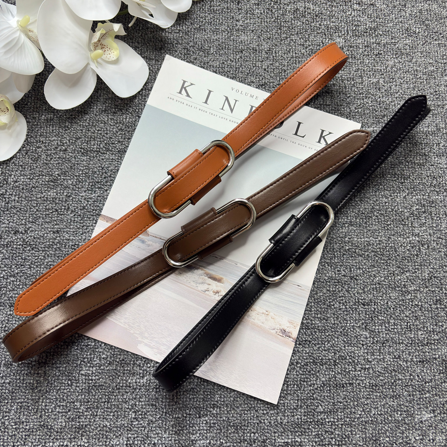 简约无孔银扣牛皮女士腰带休闲时尚真皮细皮带牛仔裤装饰裤带