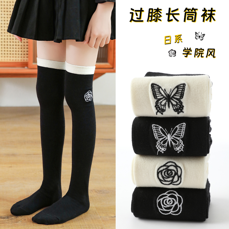 日系女童刺绣长筒袜春秋季过膝盖