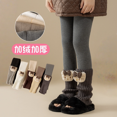冬季女童加绒加厚打底裤儿童新款萌猫公仔防风袜套打底裤保暖长裤