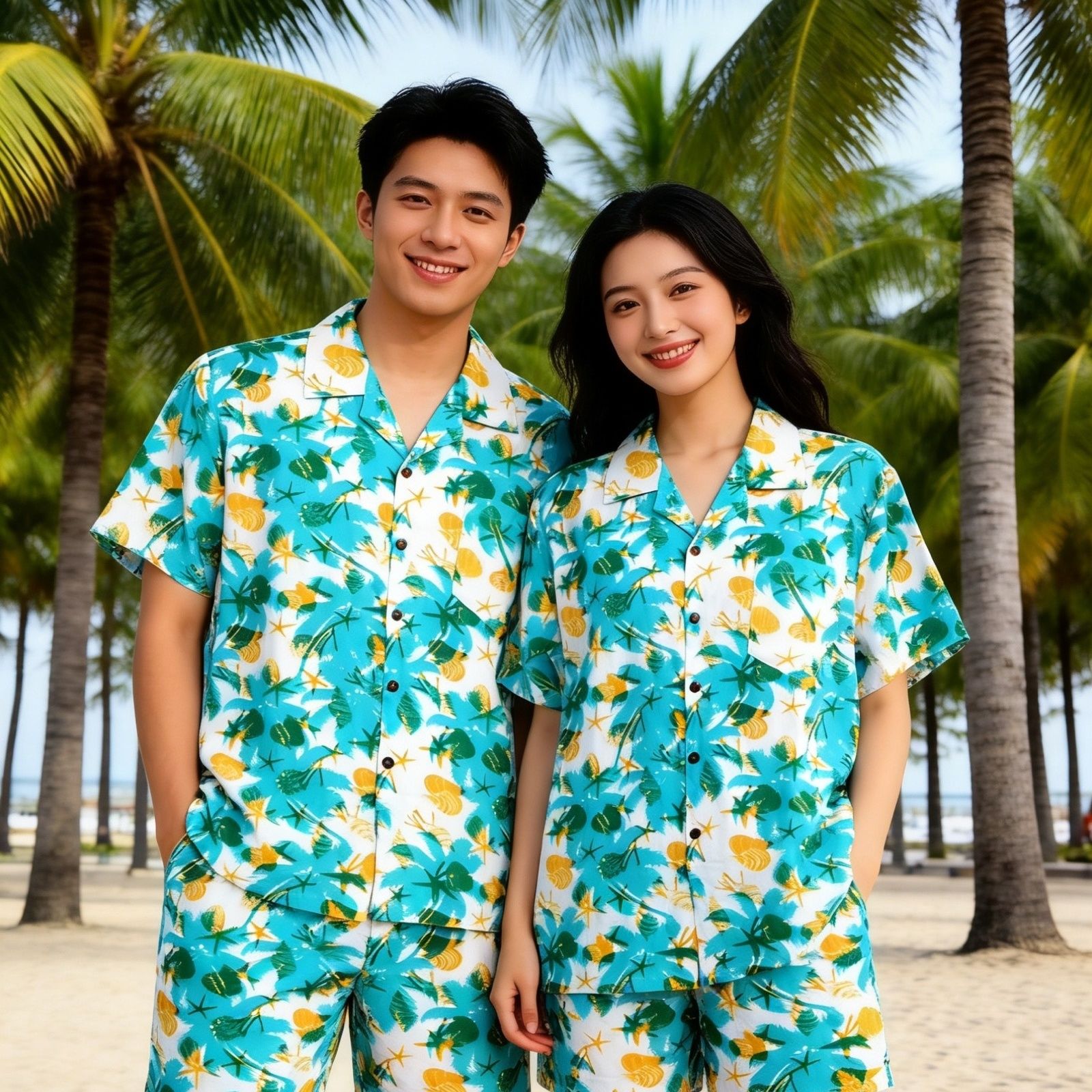 海南三亚旅游沙滩套装男女情侣装夏威夷风衬衫套装