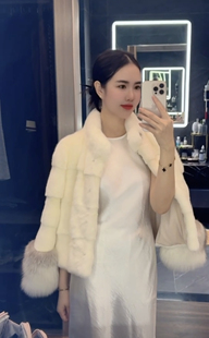 2025新白色立领横排皮草外套女貂皮大衣短款 子 十字狐狸毛袖