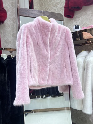 粉色立领进口短款水貂皮草外套女新款小个子减龄时尚整貂貂皮大衣