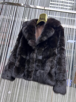 进口奢华俄罗斯黑金农夫色紫貂皮草外套女西装领横排短款裘皮大衣