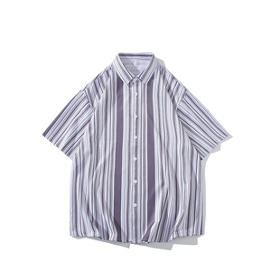花衬衫男短袖白底条纹休闲上衣服外套翻领大码衬衣A011-2/8663P45