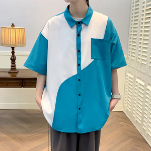 青年拼色外套衬衣休闲宽松短袖印花假两件衬衫男A011-2/p30图片