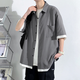 青年拼色外套衬衣休闲宽松短袖印花假两件衬衫男A011-2/p30，男装T恤，电商A012