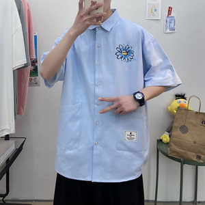 2021全棉沙洗大码印花中国风男夏青年短袖衬衫QT5030/D7063p40图片