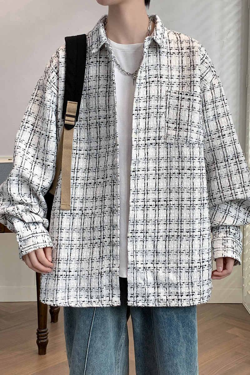 小香风春款男夹克衬衫长袖宽松格子衬衣休闲外套A011-2/8811TP45,男装夹克,电商A012