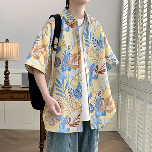 花衬衫男短袖夏季痞帅休闲上衣服外套翻领大码衬衣男A011-2/P35