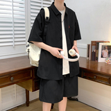 纯色短袖套装五分袖衬衣潮短裤男大码两件套8654/衣22裤20/TP42，男装休闲套装，电商A012