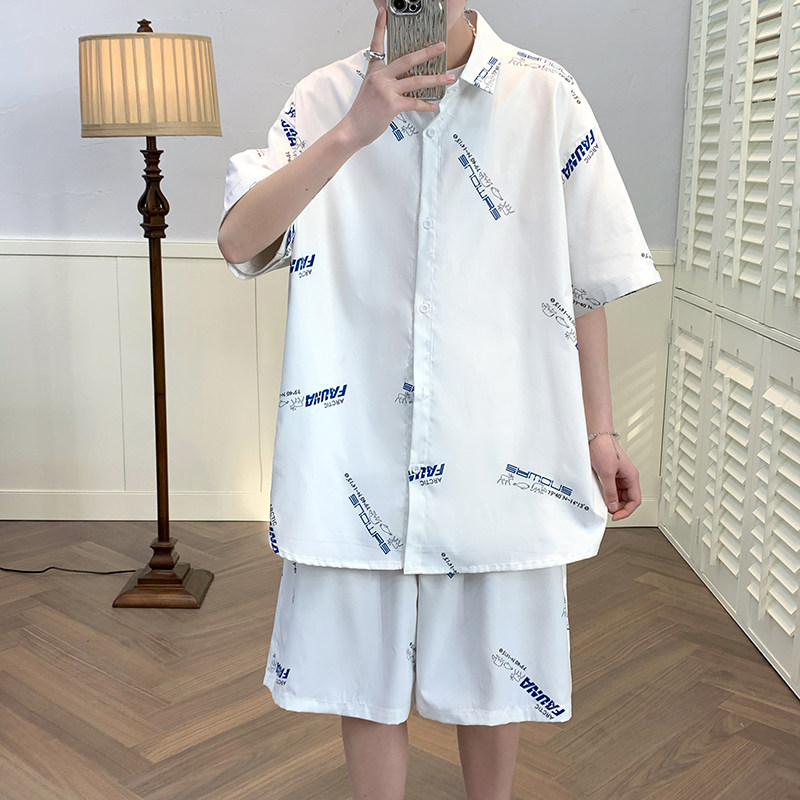 夏季短袖套装男五分袖衬衣潮短裤男大码两件套8652/衣35裤30/P65,男装牛仔裤,电商A012