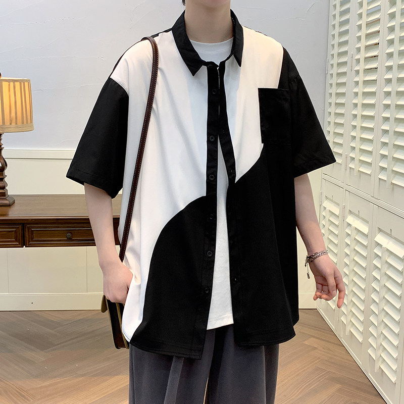 青年拼色外套衬衣休闲宽松短袖印花假两件衬衫男A011-2/p30,男装T恤,电商A012
