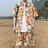 夏日大码套装宽松花衬衫男短袖痞帅休闲上衣两件套衣35裤23/P58，男装休闲套装，电商A012