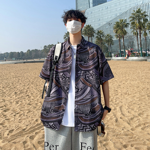 花衬衫男短袖夏季痞帅休闲上衣服外套翻领大码衬衣A011-2/P45图片