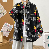 大码港风外套青年衬衣休闲宽松长袖印花衬衫/22015p35，男装衬衫，电商A012