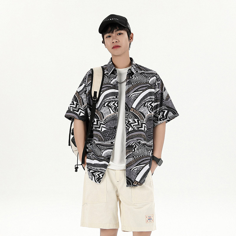 花衬衫男短袖夏季痞帅休闲上衣服外套翻领大码衬衣A011-2/P45图片