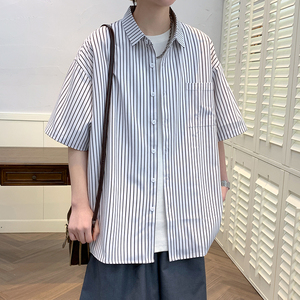 大码青年外套条纹衬衣休闲宽松短袖拼色流行衬衫男A011-2/p35图片