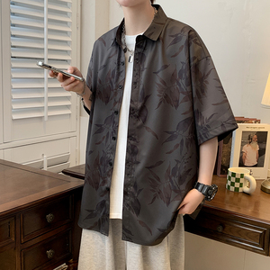 大碼年輕外套青年襯衣休閑寬松短袖印花流行襯衫男A011-2/p40圖片