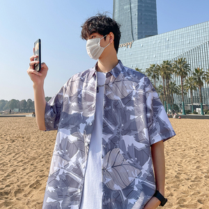 花衬衫男短袖夏季痞帅休闲上衣服外套翻领大码衬衣A011-2/P45图片