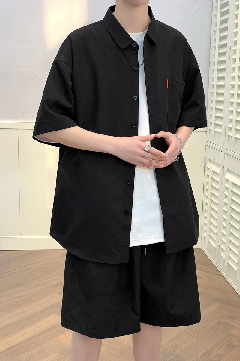 纯色短袖套装五分袖衬衣潮短裤男大码两件套8654/衣22裤20/TP42,男装牛仔裤,电商A012