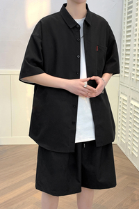 纯色短袖套装五分袖衬衣潮短裤男大码两件套8654/衣22裤20/TP42图片
