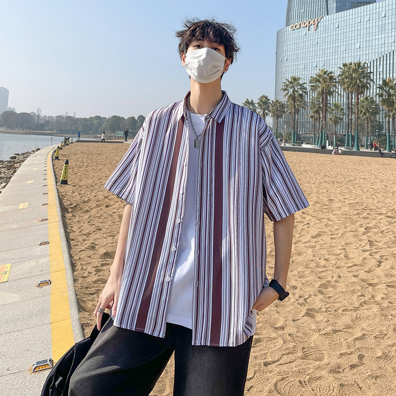 花衬衫男短袖夏季条纹休闲上衣服外套痞帅大码衬衣A011-2/8663P45,男装T恤,电商A012