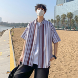 花衬衫男短袖夏季条纹休闲上衣服外套痞帅大码衬衣A011-2/8663P45，男装T恤，电商A012