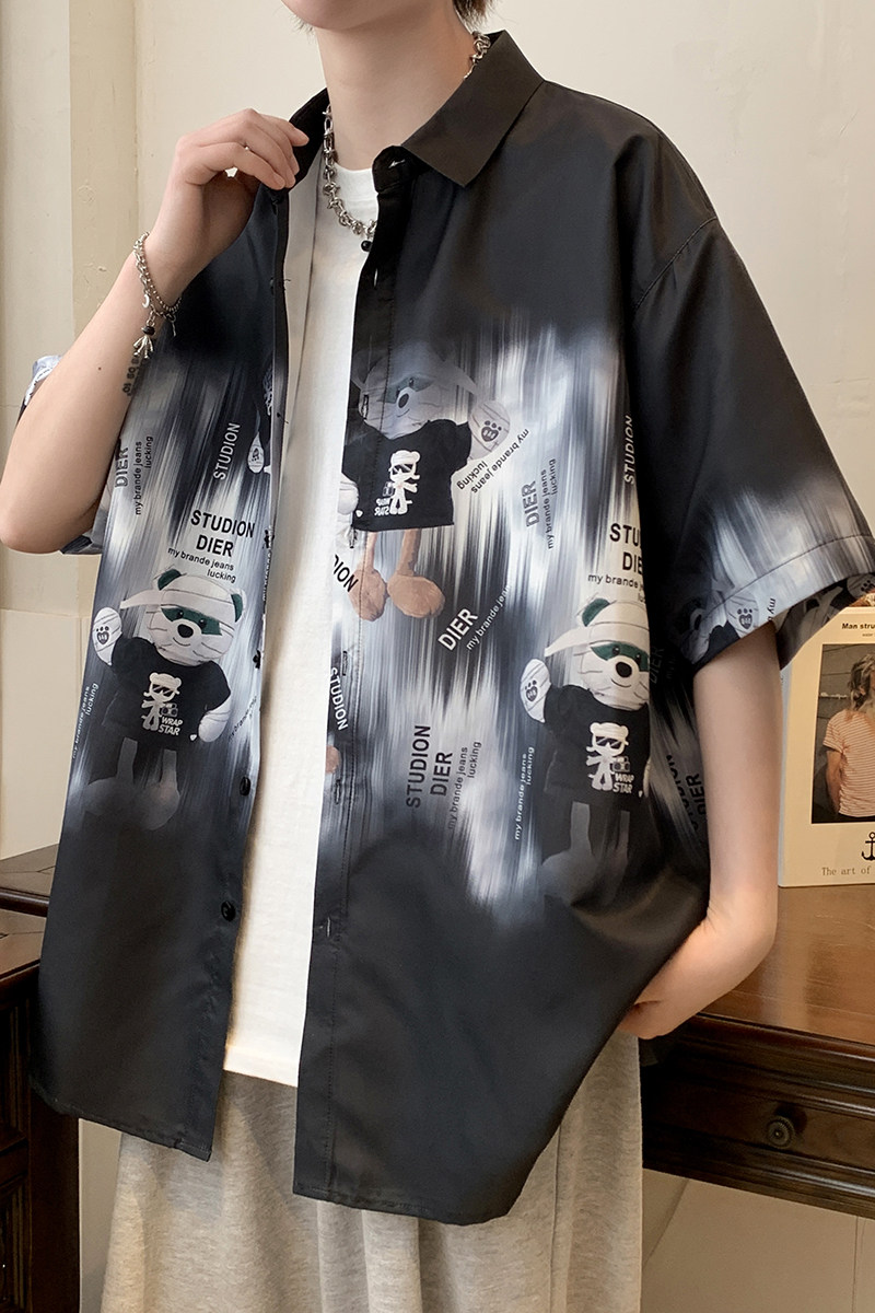 大码外套青年衬衣休闲宽松短袖印花流行衬衫男/p40,男装T恤,电商A012