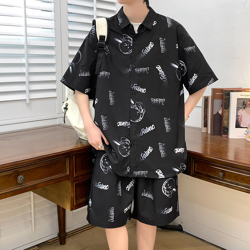 夏季短袖套装男五分袖衬衣潮短裤男大码两件套8653/衣35裤30/P65，男装休闲套装，电商A012