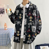 大码港风外套青年衬衣休闲宽松长袖印花衬衫/22015p35，男装衬衫，电商A012