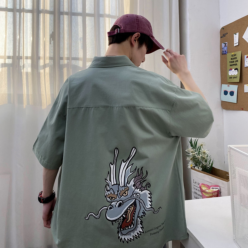 2021全棉沙洗大码印花中国风男夏青年短袖衬衫QT5030/D7066p40图片