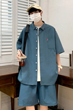 纯色短袖套装五分袖衬衣潮短裤男大码两件套8654/衣22裤20/TP42，男装休闲套装，电商A012