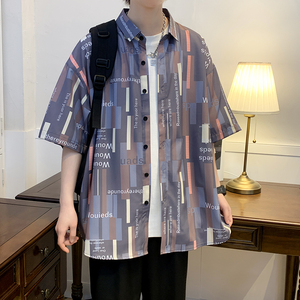 精品大码年轻外套青年衬衣休闲宽松短袖印花流行衬衫男A011-2/p40图片