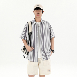 花衬衫男短袖夏季条纹休闲上衣服外套翻领大码衬衣A011-2/8663P45图片