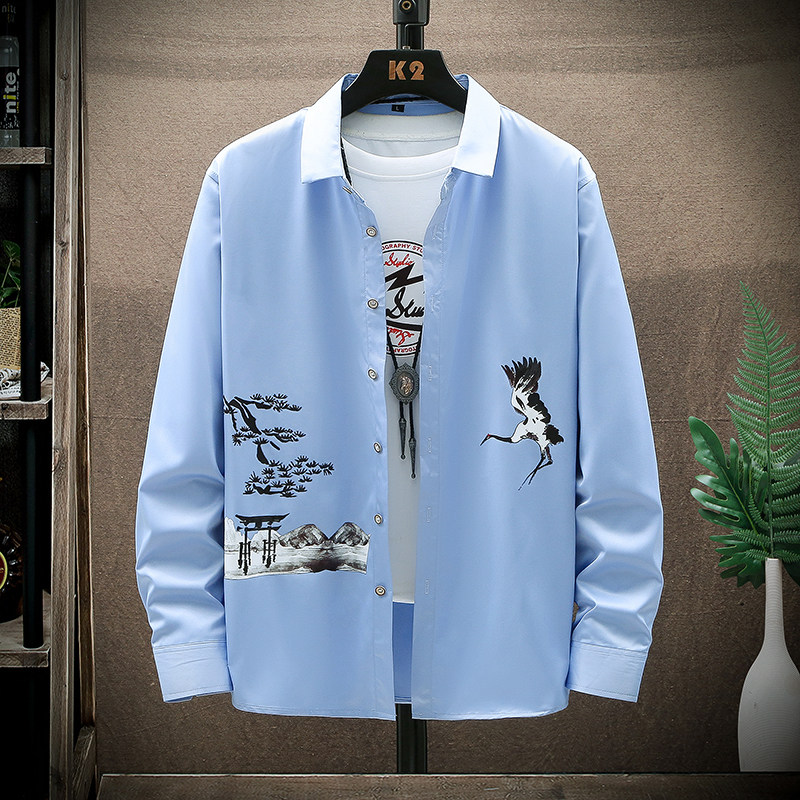 大码印花风衬衫男夏秋新款青年长袖衬衫QT5030/2116p50，男装衬衫，电商A012