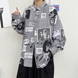 大码港风外套青年衬衣休闲宽松长袖印花衬衫/22015p35，男装衬衫，电商A012