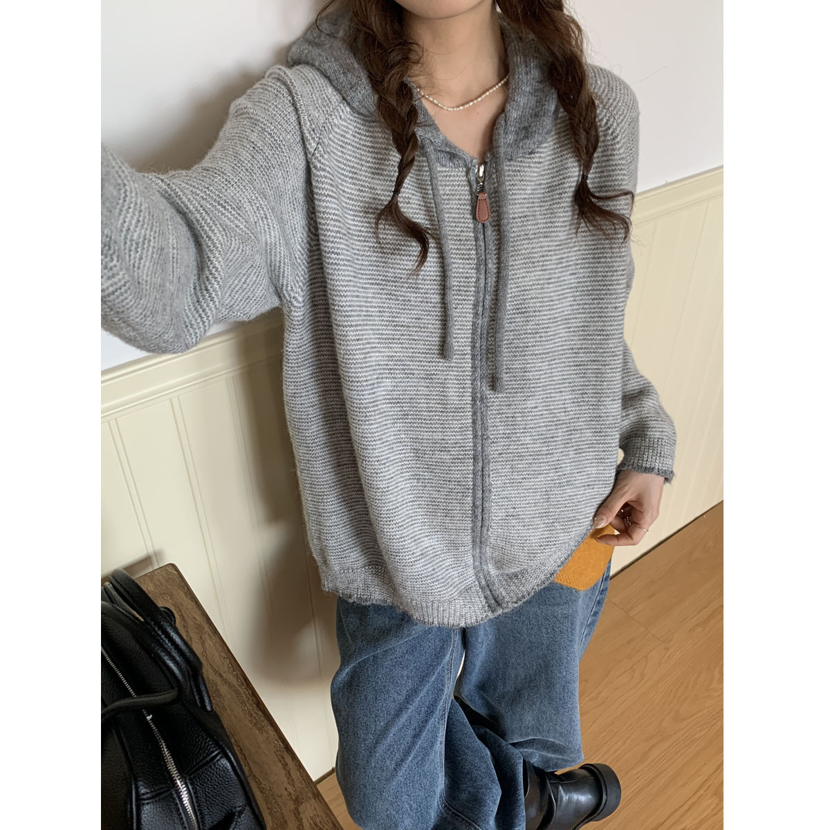 木四 慵懒风休闲连帽毛衣外套女秋冬新款条纹韩系大版型开衫6595