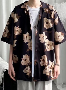 日系复古碎花满印短袖衬衫男潮牌街头bf古巴夏威夷风情侣衬衣外套