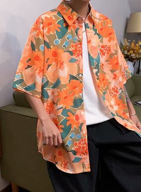 夏季薄款港风翠花短袖衬衫外套男士休闲大码衬衣五分袖上衣服潮牌