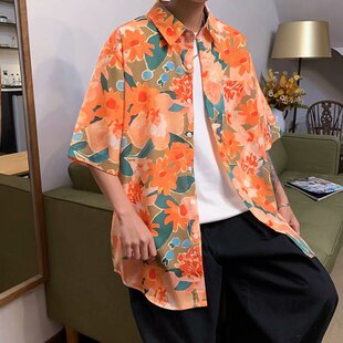 夏季薄款港风翠花短袖衬衫外套男士休闲大码衬衣五分袖上衣服潮牌