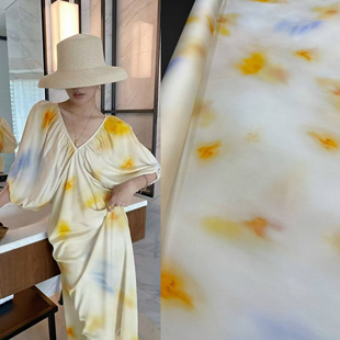 明月流光白色真丝弹力双乔印花面料桑蚕丝连衣裙衬衫高定服装布料