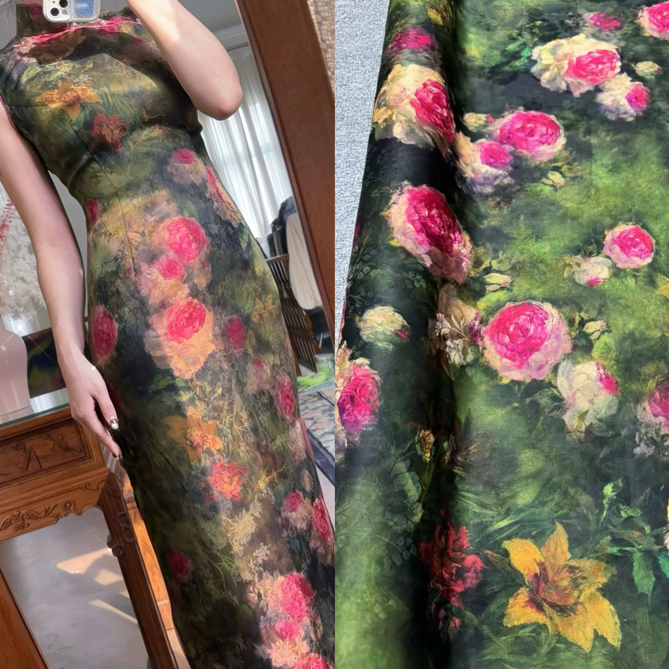 油画玫瑰国风新中式透孔花罗红云纱面料过薯莨染旗袍上衣真丝布料