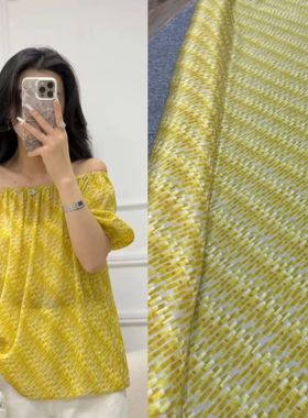 夏日度假风黄色几何印花真丝双绉布料清爽时尚衬衫连衣裙服装面料